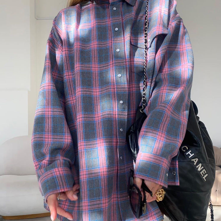 Retro versatile lapel plaid loose shirt