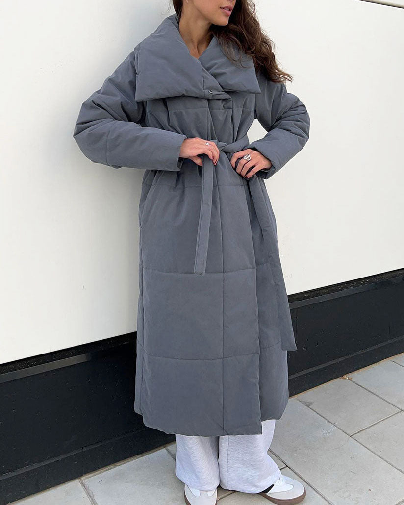 Large lapel tie and belt long cotton coat