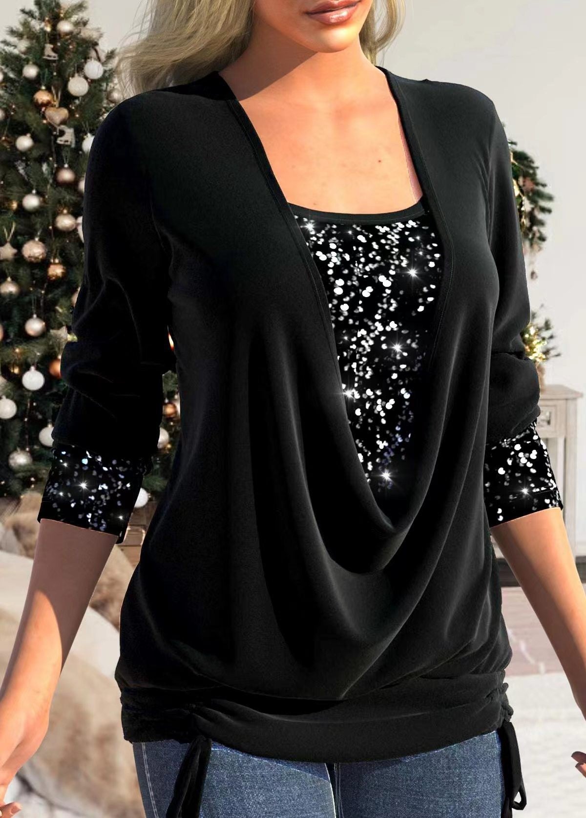 Drop collar sequin embellished smocked top