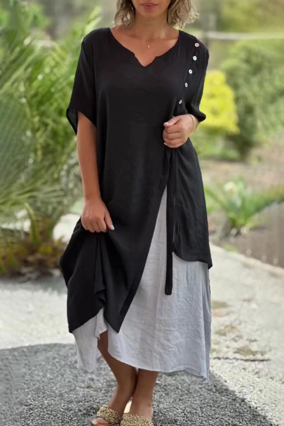 V-neck Short Sleeve Asymmetrical Two-piece Look Dress