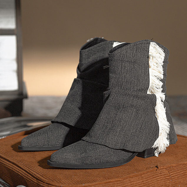 Denim pleated fringed western boots