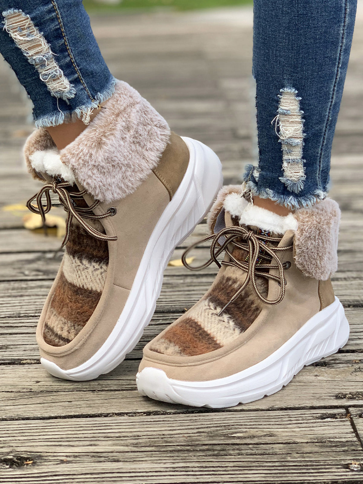 Wool knitted stitching plus fleece snow boots