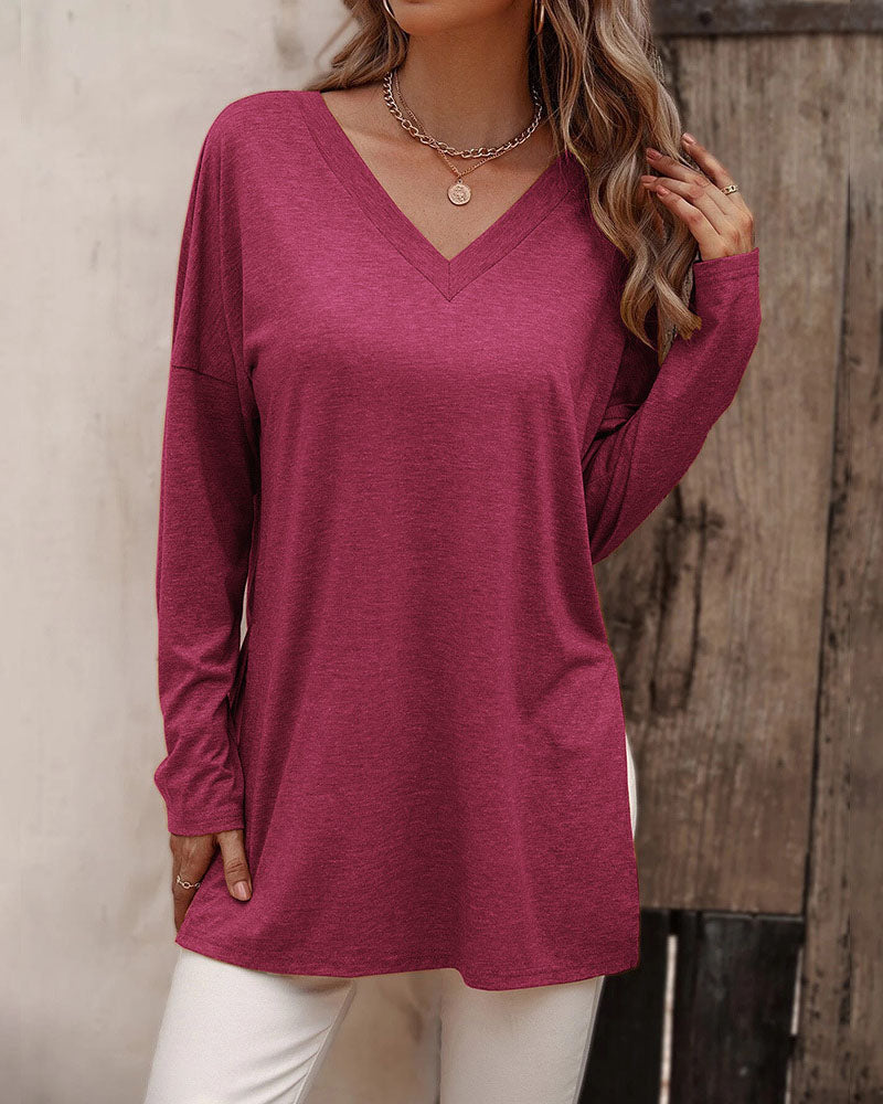 Loose hem slit knitted long-sleeved T-shirt