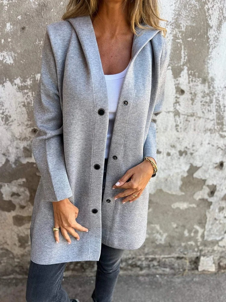 Hooded solid color mid-length knitted jacket