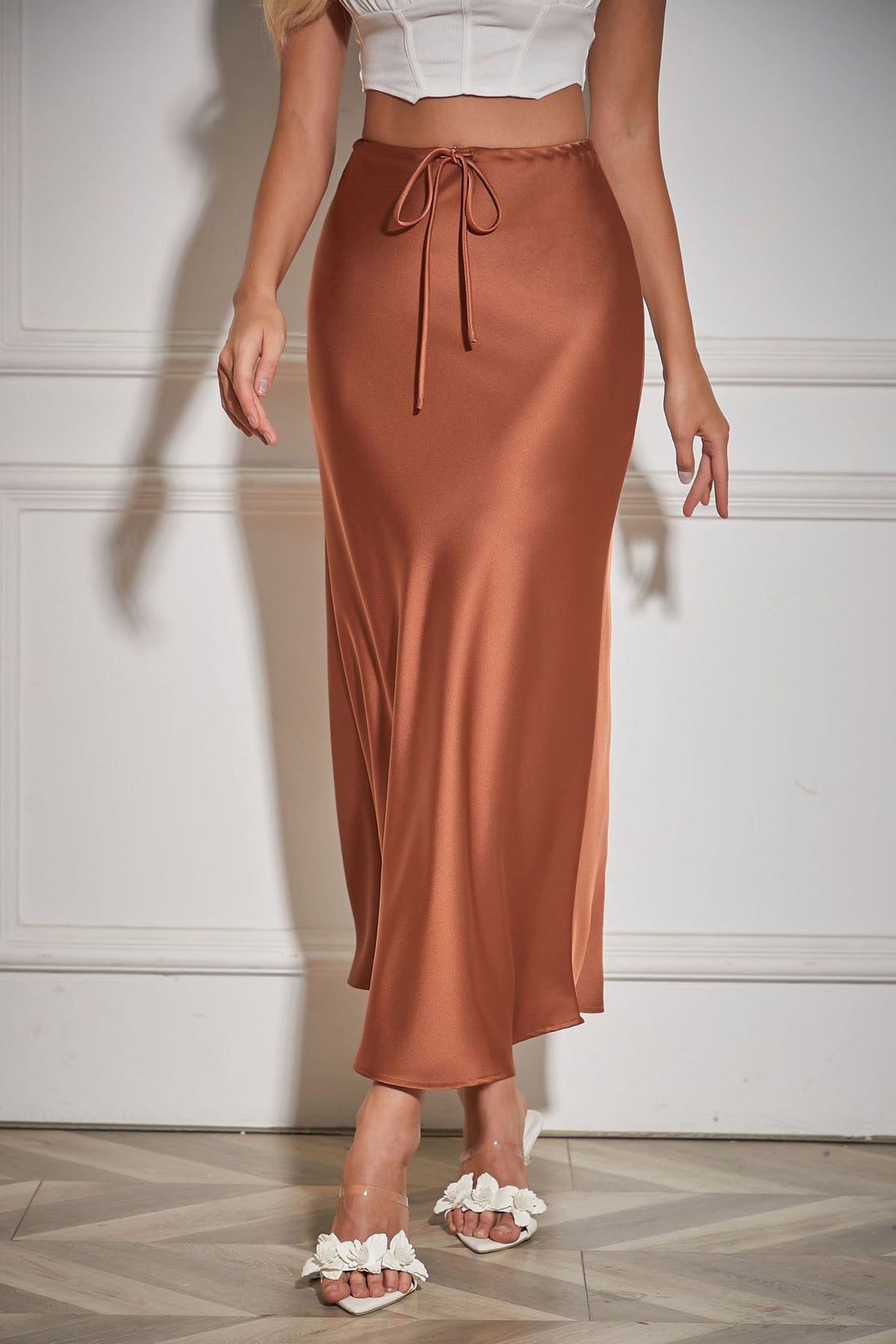 Satin High-Waisted Drawstring Belt Solid Color Midi Skirt