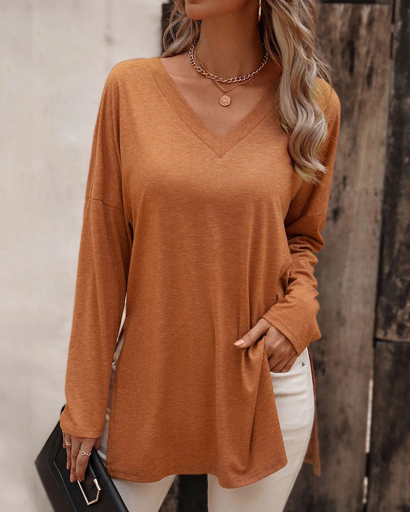 Loose hem slit knitted long-sleeved T-shirt