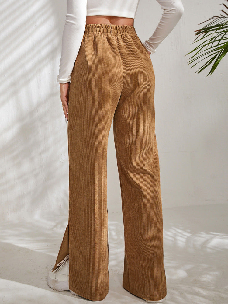 High waist corduroy slit hem trousers