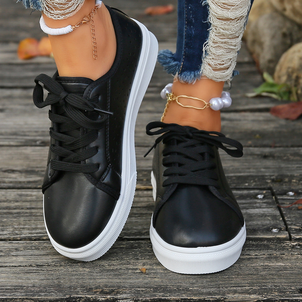 Faux leather lace-up vented sneakers