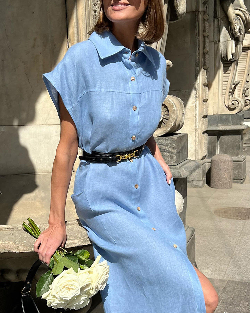 Vestido de algodón y lino con cuello camisero y cintura alta con lazo