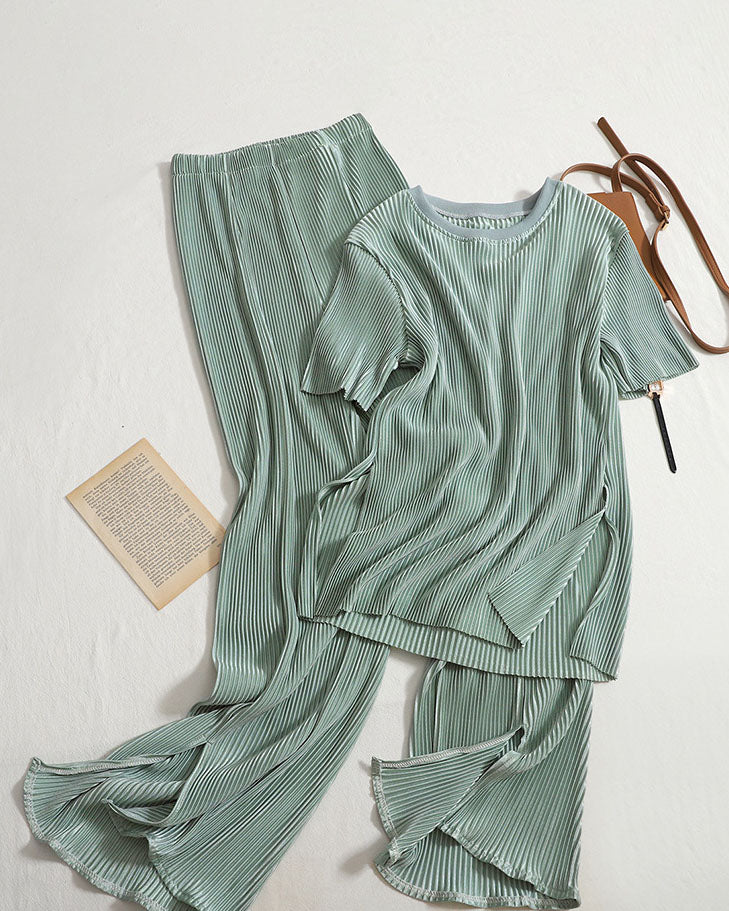 Pleated round neck top slit wide leg pants two-piece set