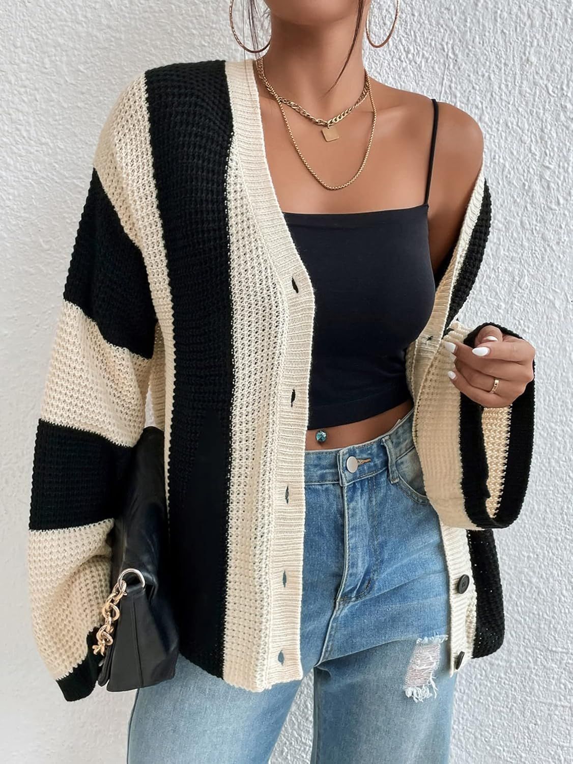 Striped contrast bell sleeve knitted cardigan