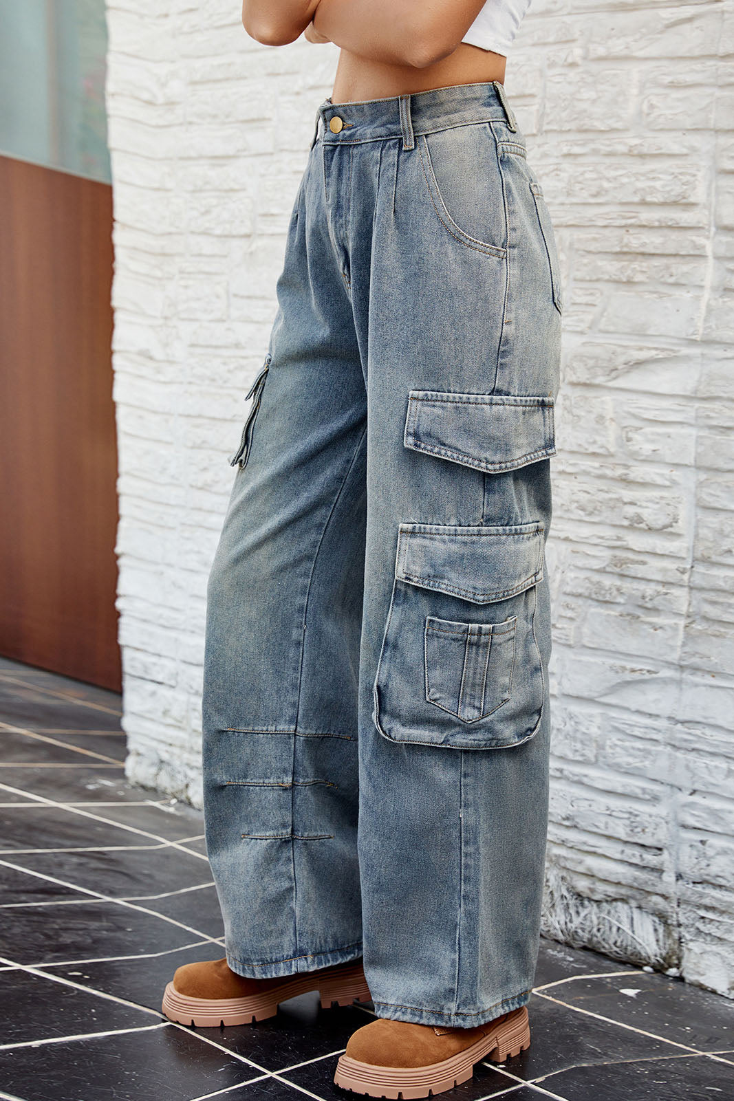 Washed Multi-Pocket Wide-Leg Denim Work Pants