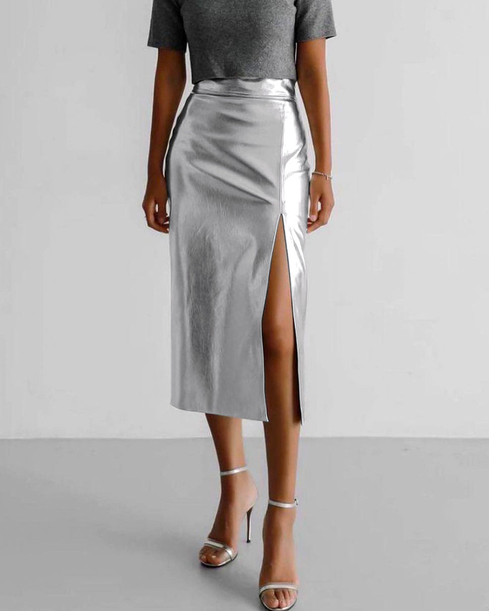 Silver Faux Leather High-Waisted Split Skirt