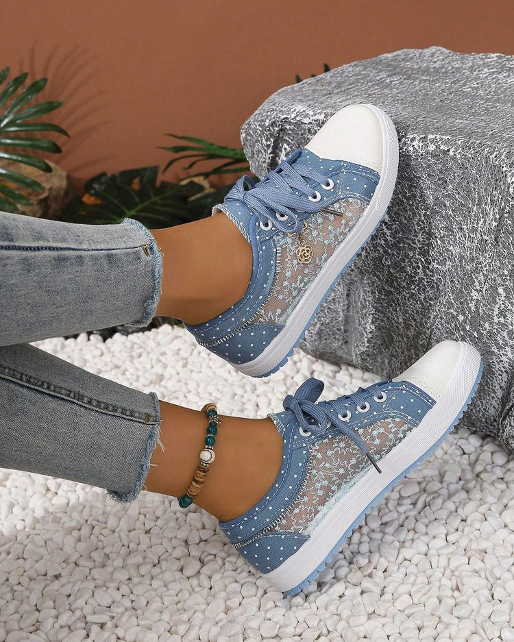 Round Toe Lace Up Low Top Mesh Flat Sneakers