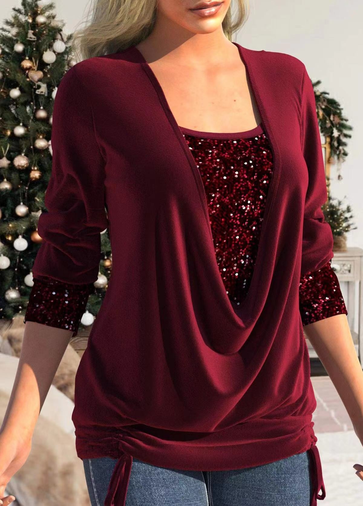 Drop collar sequin embellished smocked top