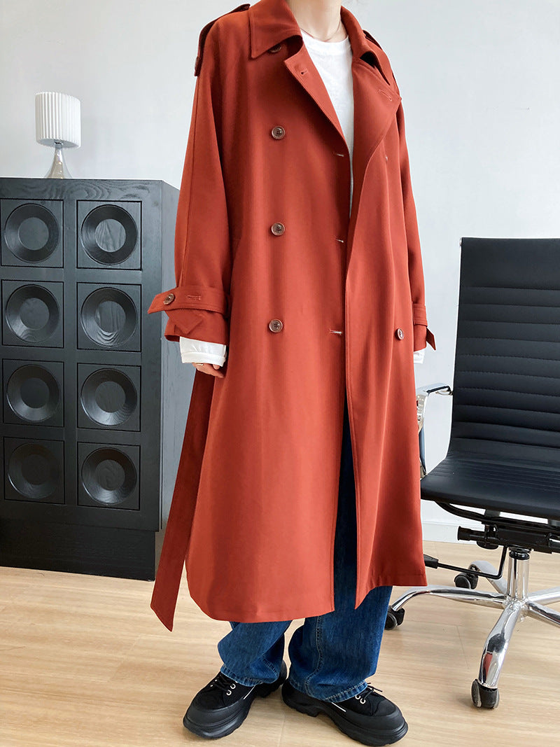 Drapey British style loose mid-length trench coat