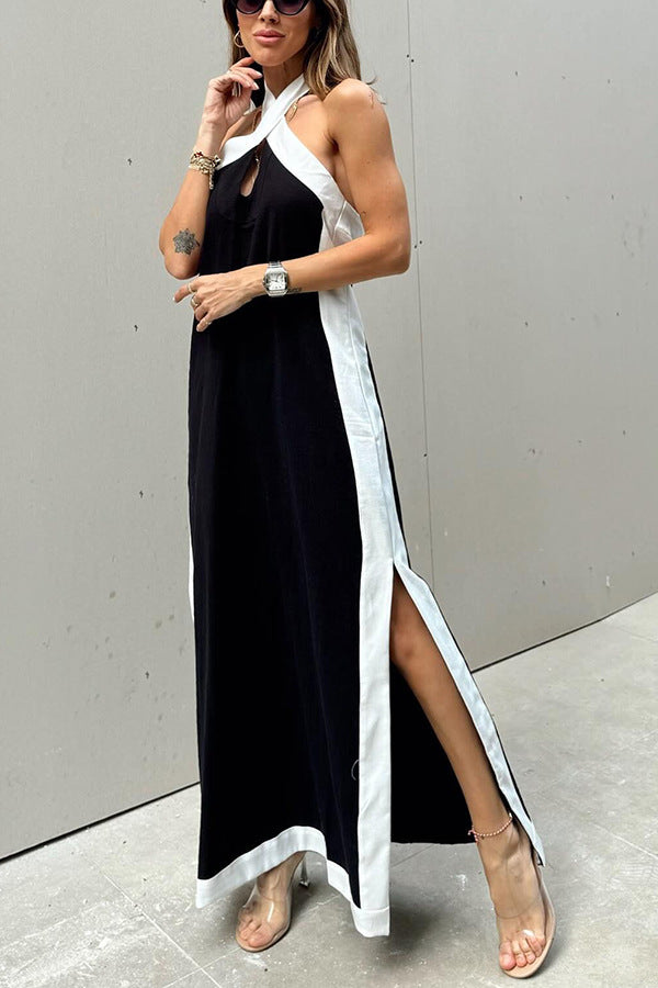 Contrast color Edge Backless Halter neck slit Dress