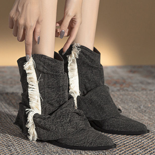 Denim pleated fringed western boots