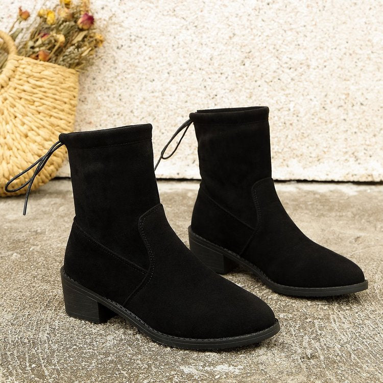 lace-up back Black suede boots