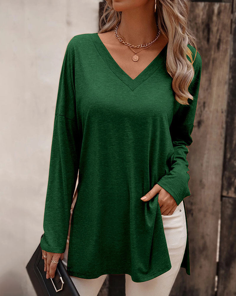 Loose hem slit knitted long-sleeved T-shirt