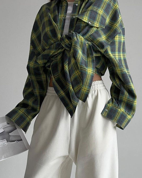 Retro versatile lapel plaid loose shirt