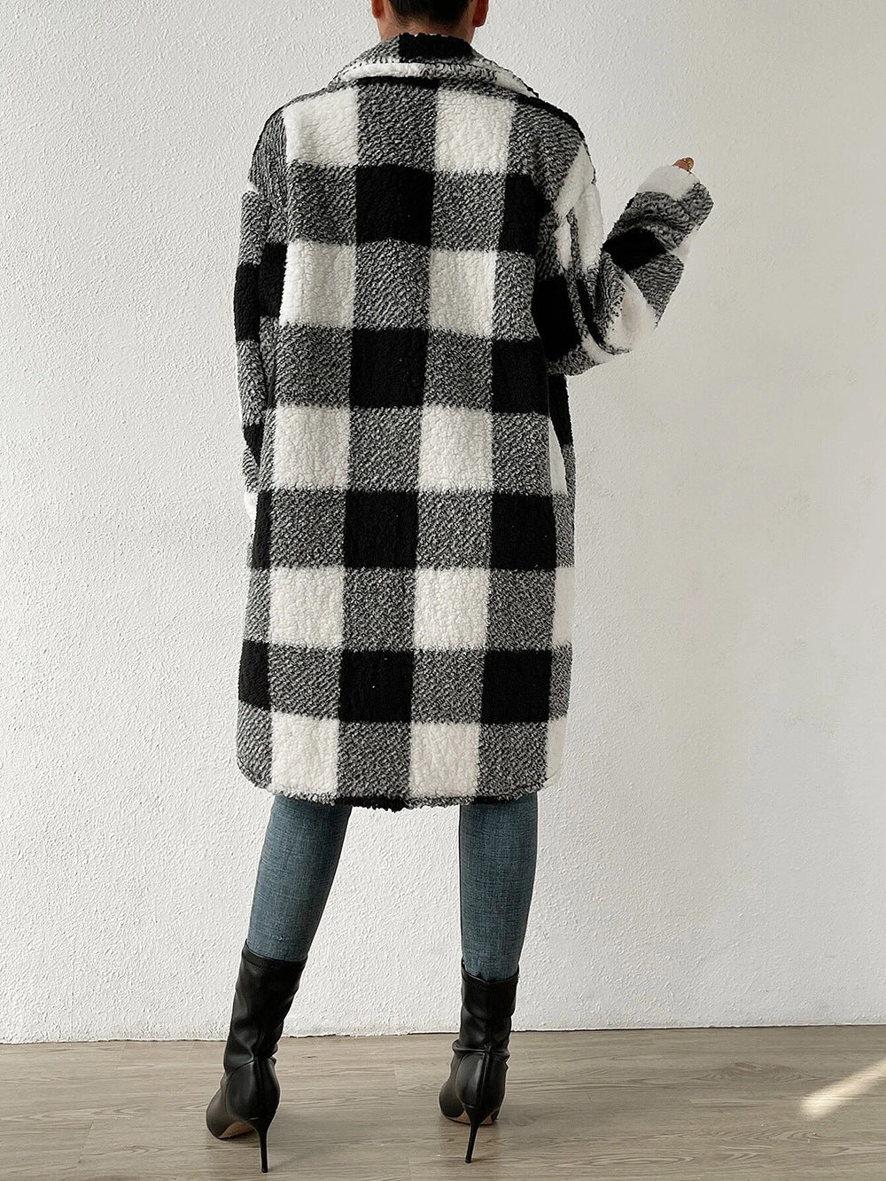 Button Front Long Sleeve Plaid Pattern Teddy Coat