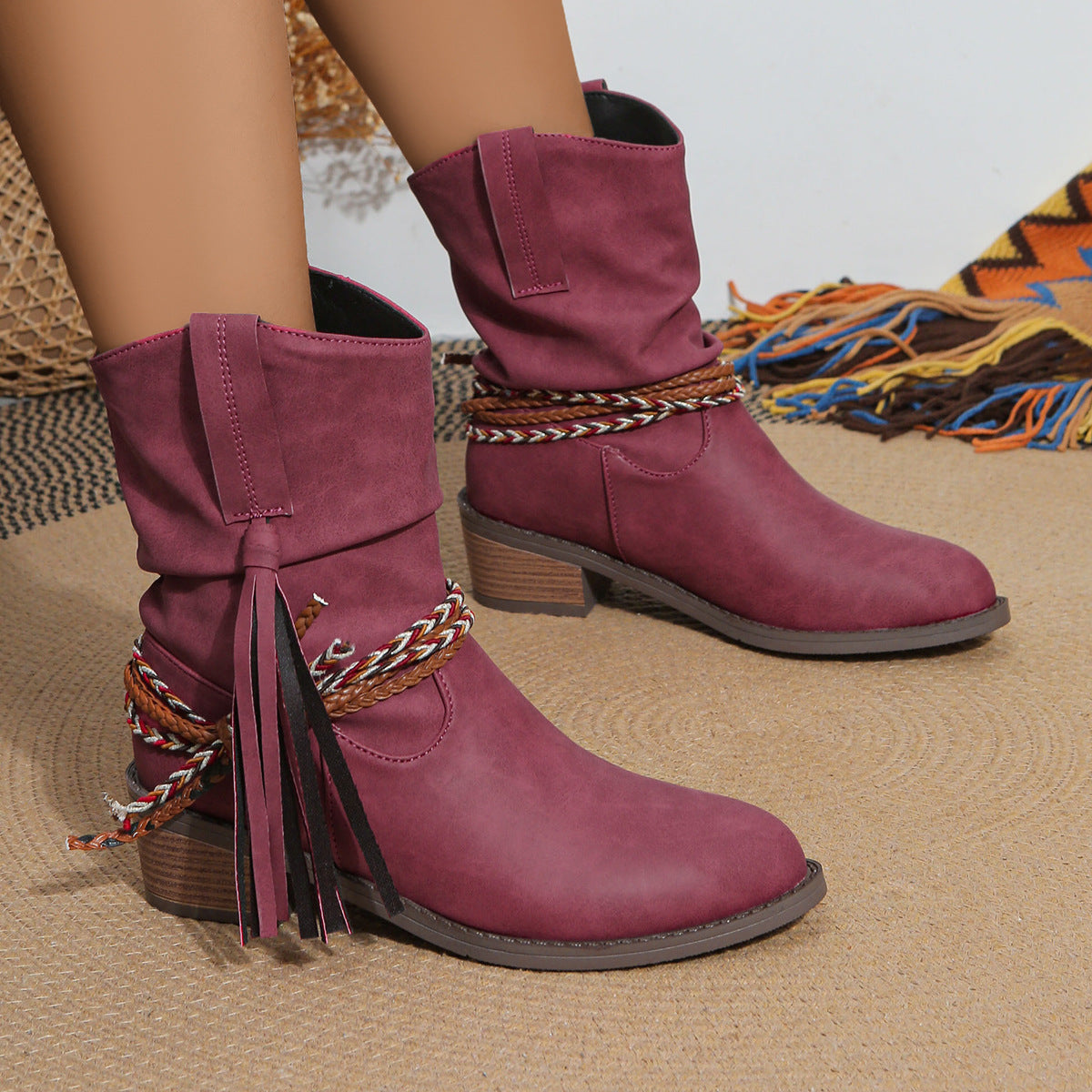 Thick mid heel pleated tassel mid calf boots