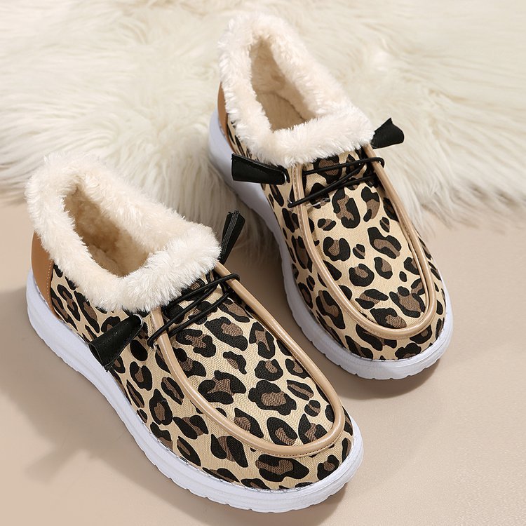 Leopard print flat slip-on plush snow shoes