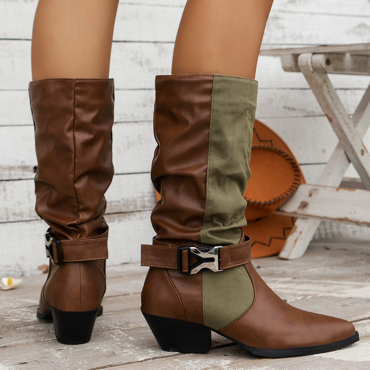 Canvas paneled pointed toe block heel mid-calf boots