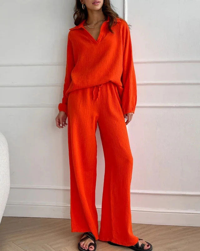 Long Sleeve Lapel Top Drawstring Pants Two-Piece Set