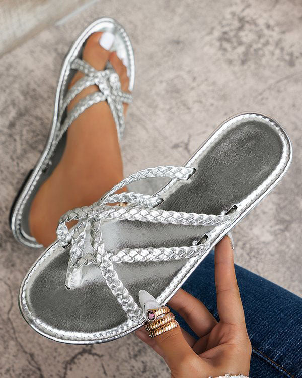 Gold and Silver Woven Toe-Ring Flat Slide Sandals