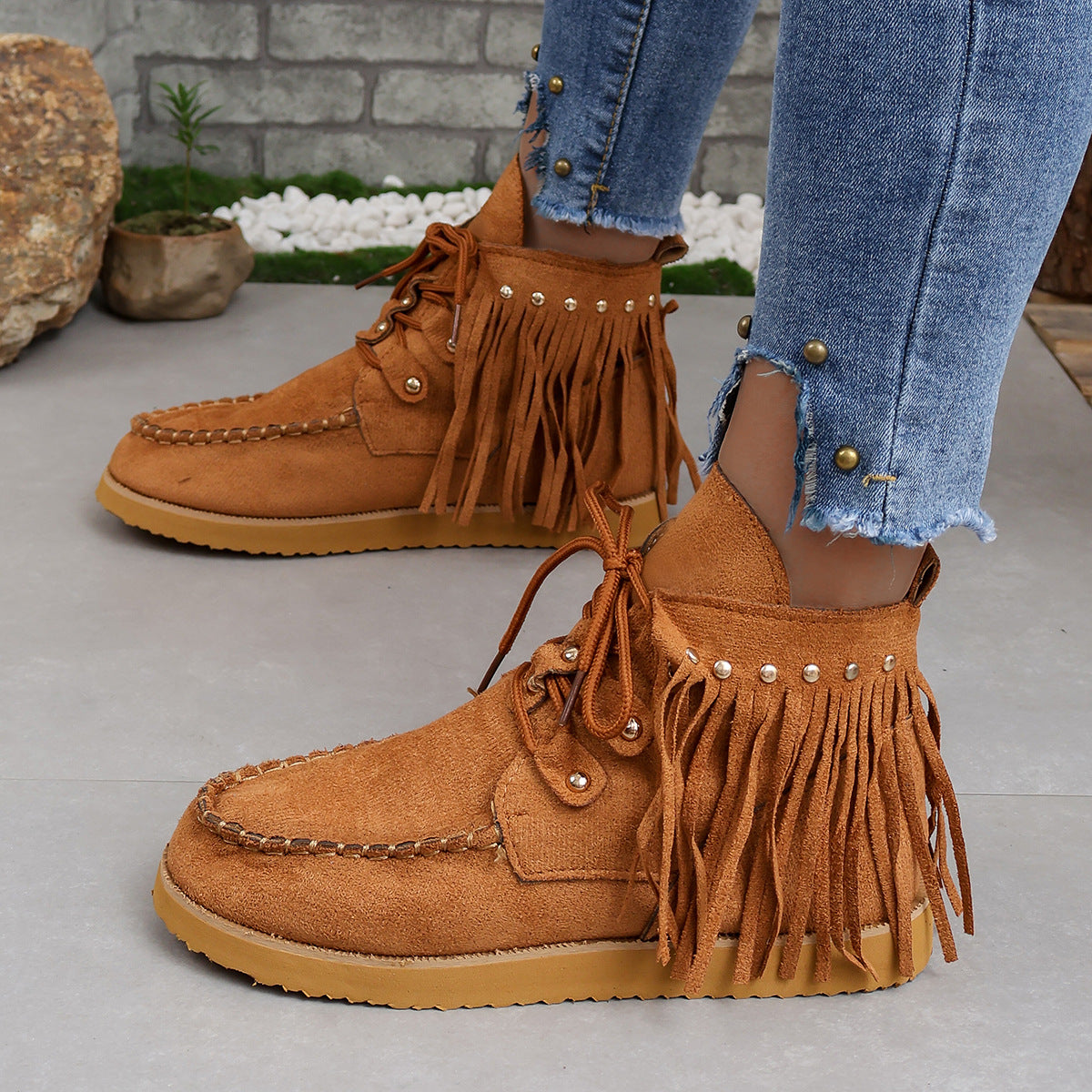 Suede fringed lace-up flat Chelsea boots