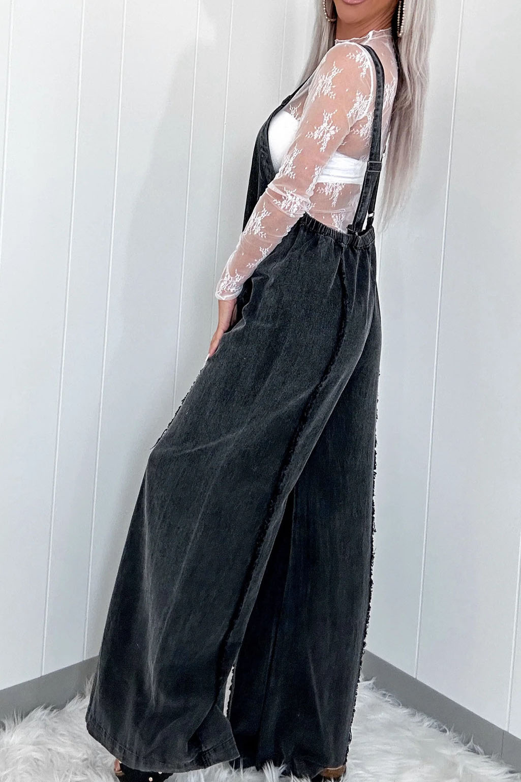 Vintage Washed Frayed Edge Wide-Leg Denim Overalls