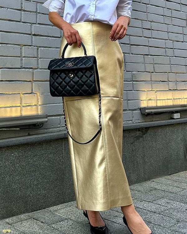 Golden Sunsets Metallic PU Leather Skirt