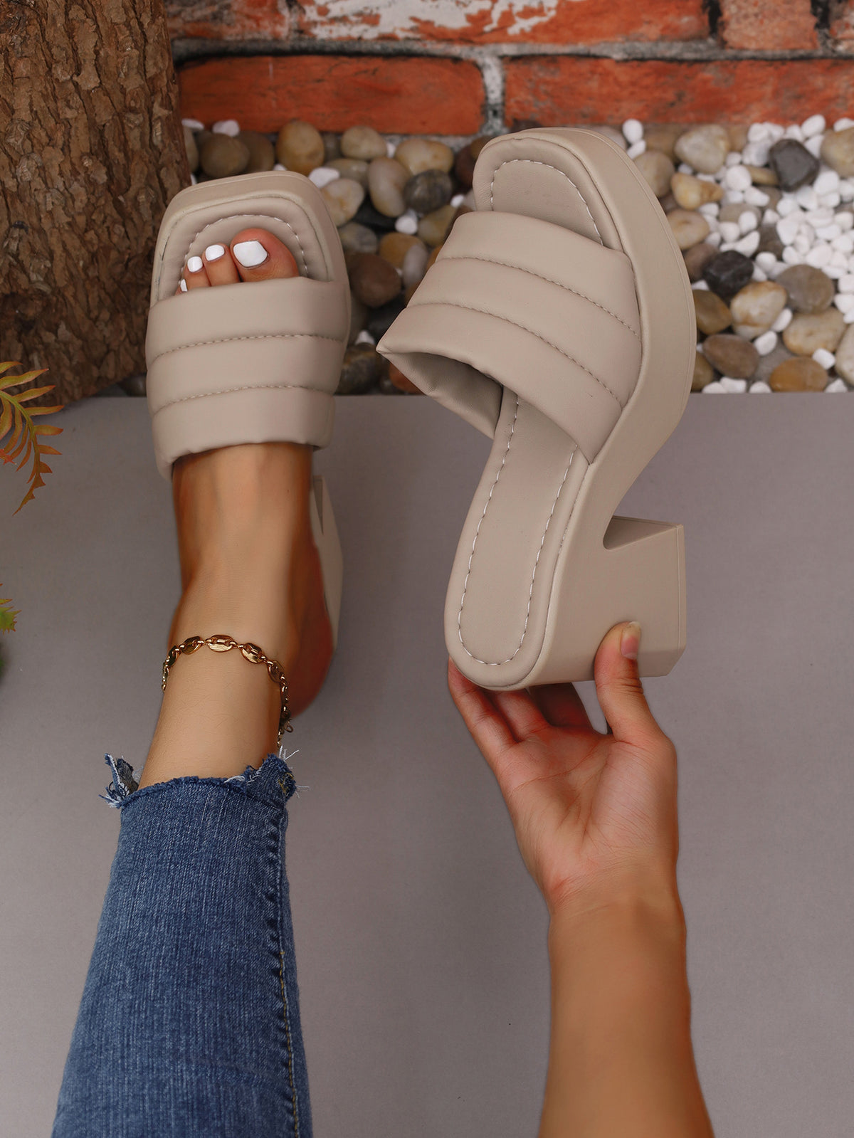 Thick Sole Chunky Heel Square-toe Slides