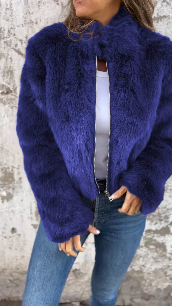 Faux Fur Turtleneck Zip-Up Blazer