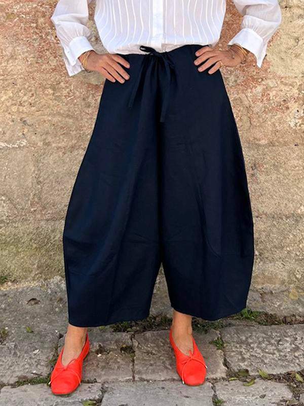 Linen solid color loose wide leg Cropped Pants