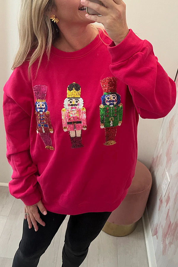 Nutcracker Sequin Round Neck Long Sleeve Sweatshirt