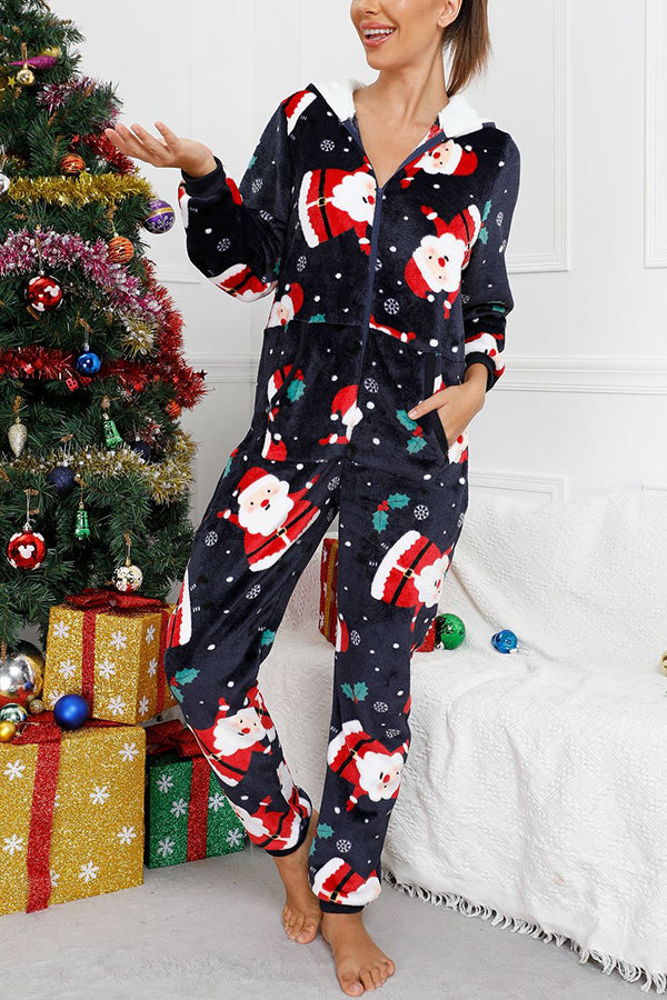 Festive Flavors Printed FlannelZipper Pocket Hooded Pajama Jumpsuit