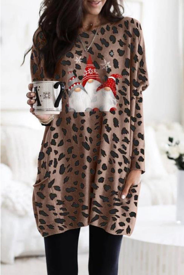 Long Sleeve Pocket Leopard Christmas Print Mini Dress