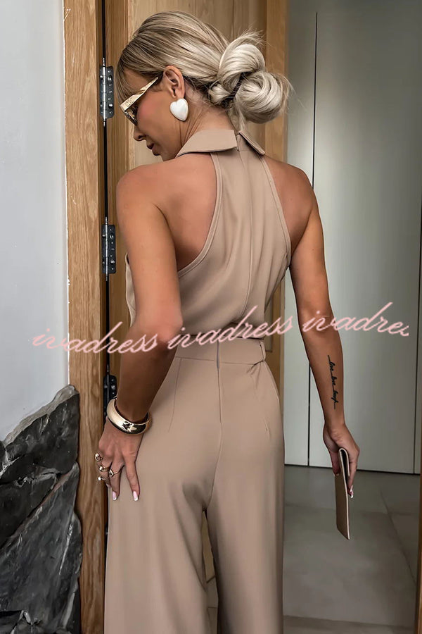 Fashionable Unique Look Halter Shirt Collar Pocketed Wide Leg Jumpsuit