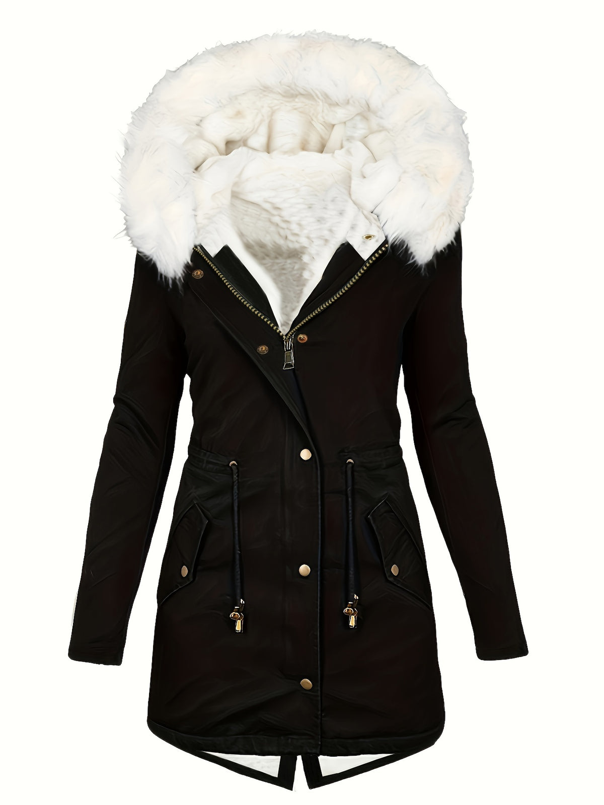 Faux Fur Hood Drawstring Parka Coat