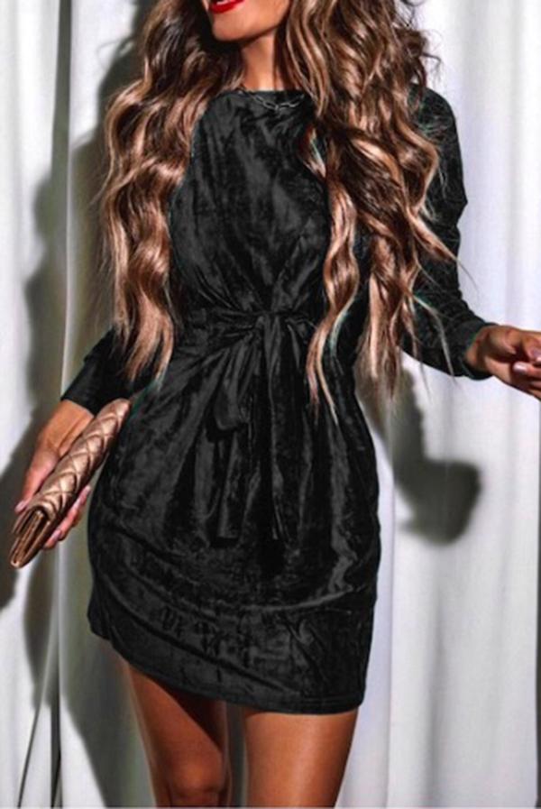 Christmas Tie Waist Velvet Round Neck Long Sleeve Mini Dress