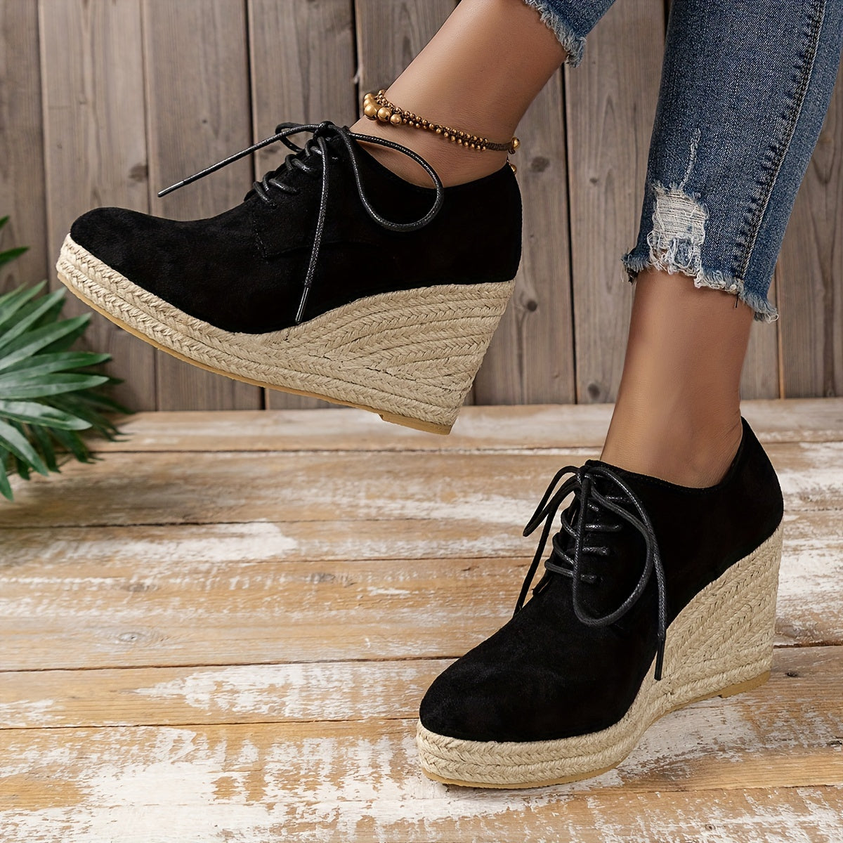 Espadrilles Round Toe Lace Up Low-top Platform Wedges