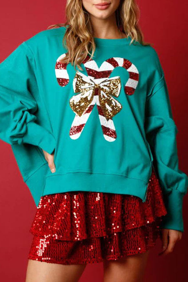 Candy Cane Lane Sequined Pullover Long Sleeved Sweatshirt