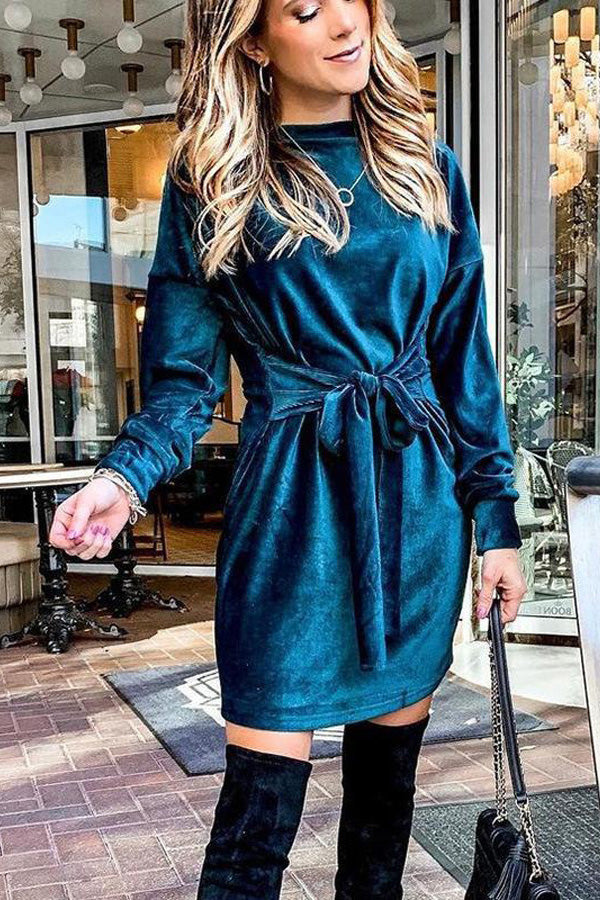 Christmas Tie Waist Velvet Round Neck Long Sleeve Mini Dress