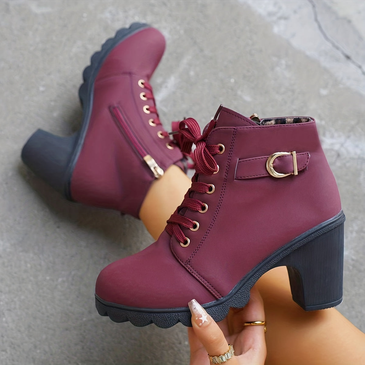 Lace Up Buckle Strap Chunky Heeled Ankle Boots