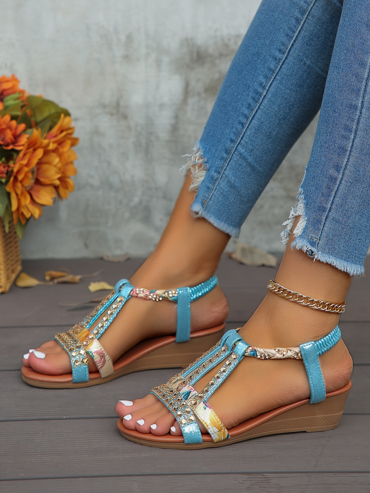 Rhinestone Decor Elastic Strap Soft Sole Platform Non-slip Wedge Sandals