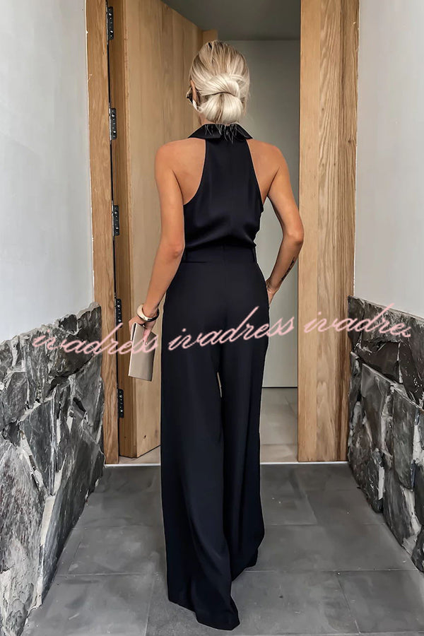 Fashionable Unique Look Halter Shirt Collar Pocketed Wide Leg Jumpsuit