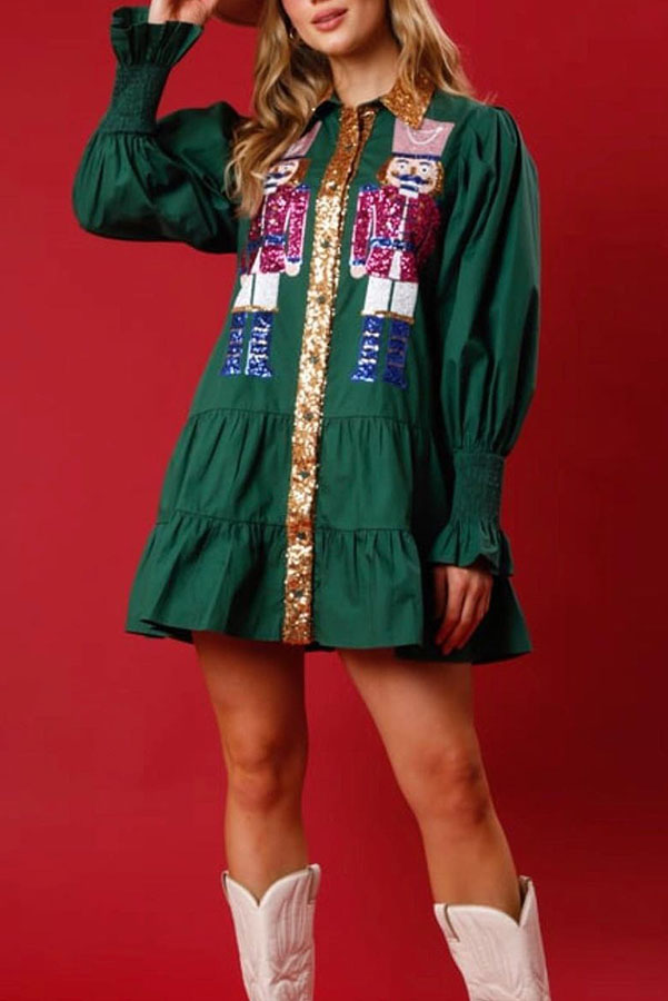 Nutcracker Sequined Button Down Long Sleeve Mini Dress